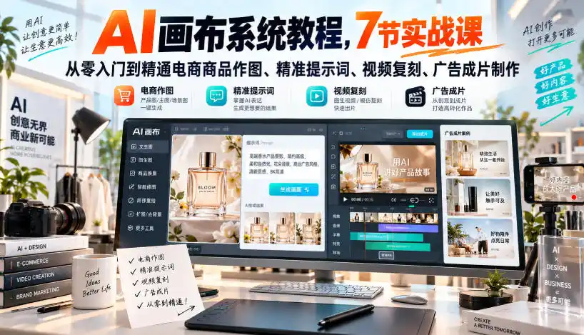 AI画布系统教程，7节实战课从零入门到精通电商商品作图、精准提示词、视频复刻、广告成片制作-一起筹课网