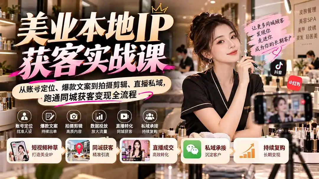 【无水印】美业本地IP获客实战课：从账号定位、爆款文案到拍摄剪辑、直播私域，跑通同城获客变现全流程-一起筹课网