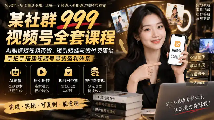 某社群999视频号全套课程，AI剧情短视频带货、短引短挂与微付费落地，手把手搭建视频号带货盈利体系-一起筹课网