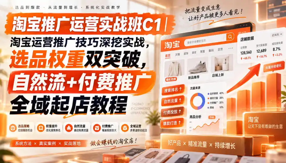淘宝推广运营实战班C1｜淘宝运营推广技巧深挖实战，选品权重双突破，自然流+付费推广全域起店教程-一起筹课网