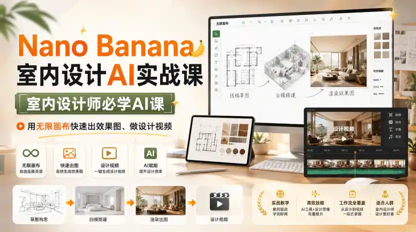 Nano Banana室内设计AI实战课，室内设计师必学AI课，用无限画布快速出效果图、做设计视频-一起筹课网