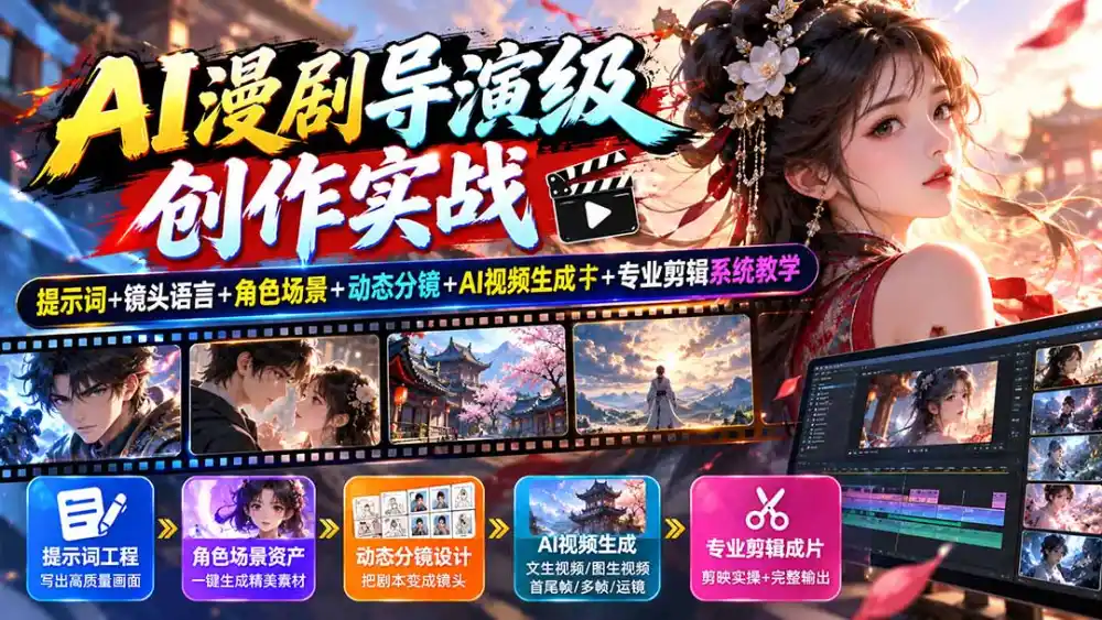 AI漫剧导演级创作实战：提示词+镜头语言+角色场景+动态分镜+AI视频生成+专业剪辑系统教学-一起筹课网