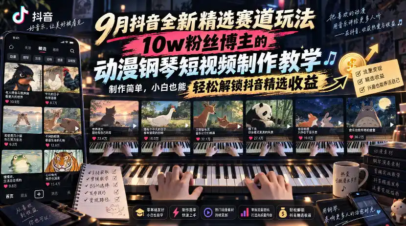 9月抖音全新精选赛道玩法，10w粉丝博主的动漫钢琴短视频制作教学，制作简单，小白也能轻松解锁抖音精选收益-一起筹课网