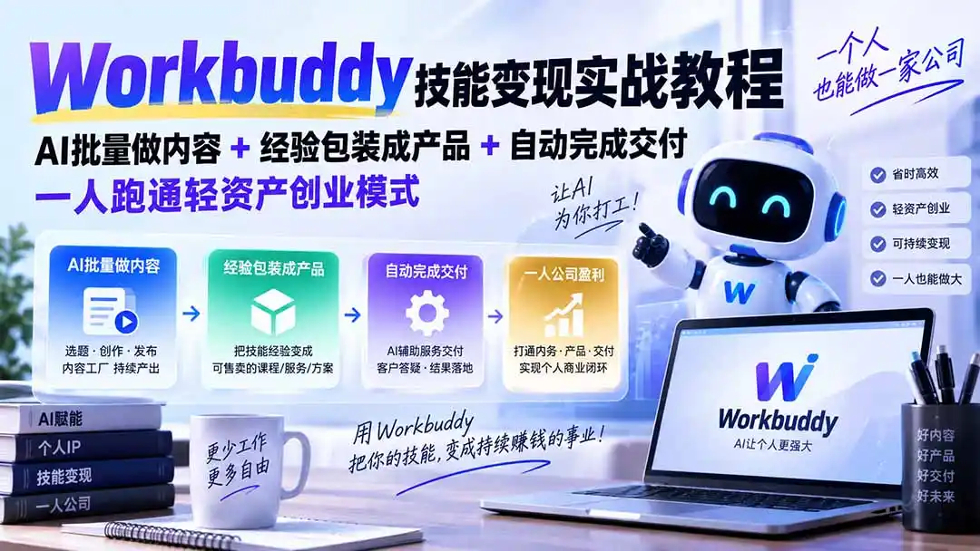 Workbuddy技能变现实战教程：AI批量做内容+经验包装成产品+自动完成交付，一人跑通轻资产创业模式-一起筹课网