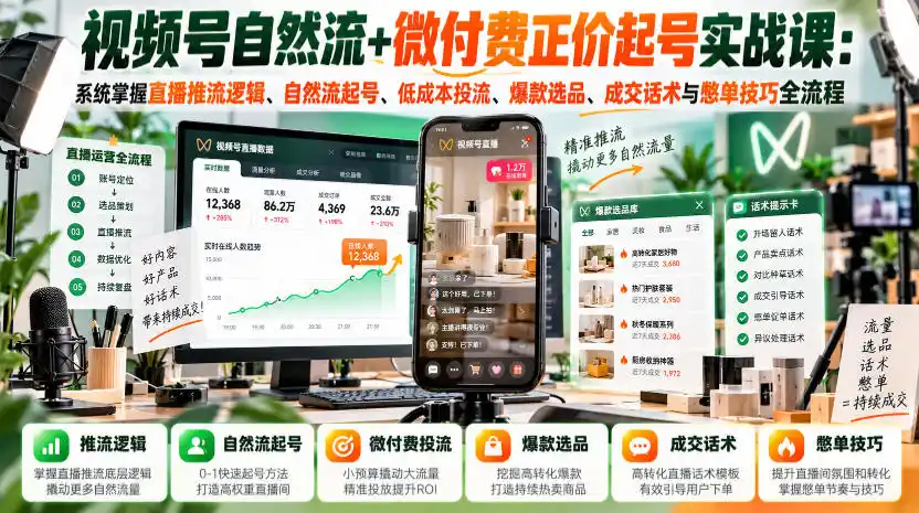 视频号自然流+微付费正价起号实战课：系统掌握直播推流逻辑、自然流起号、低成本投流、爆款选品、成交话术与憋单技巧全流程-一起筹课网