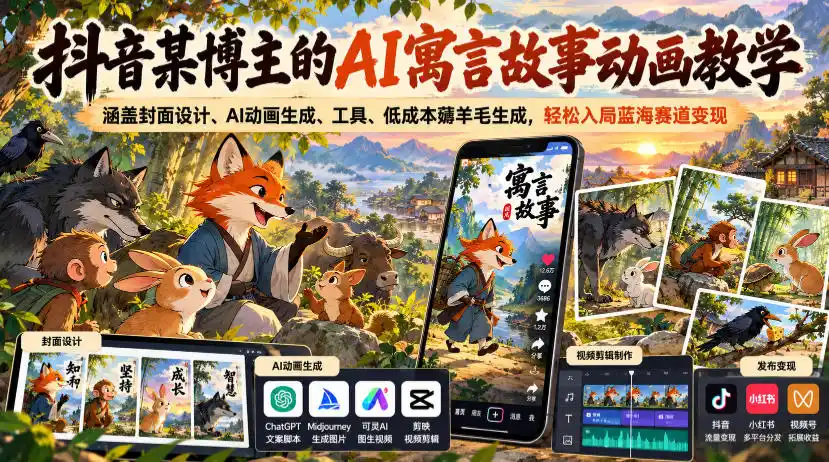 抖音某博主的AI寓言故事动画教学,涵盖封面设计、AI动画生成、工具、低成本薅羊毛生成,轻松入局蓝海赛道变现-一起筹课网