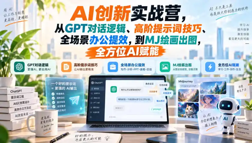 AI创新实战营，从GPT对话逻辑、高阶提示词技巧、全场景办公提效，到MJ绘画出图，全方位AI赋能-一起筹课网