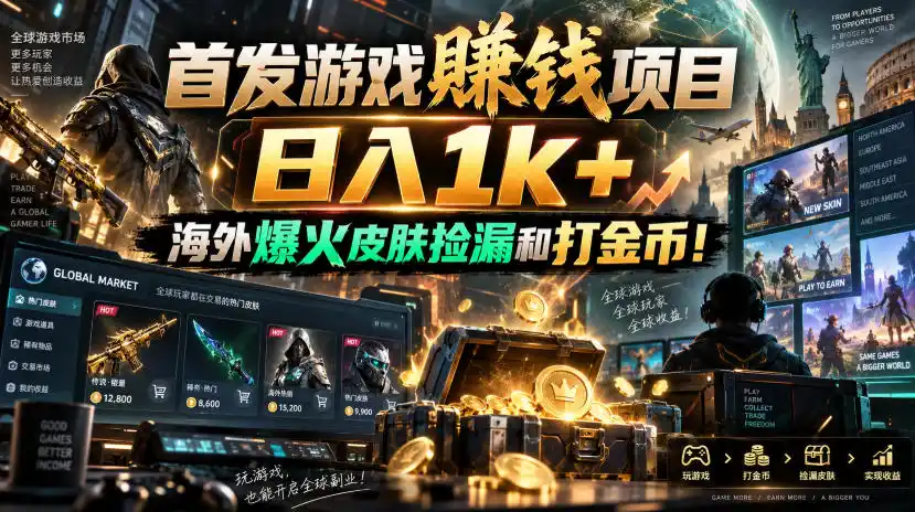 首发游戏賺钱项目，日入1k+，海外爆火皮肤捡漏和打金币！【揭秘】-一起筹课网