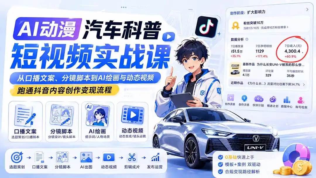 AI动漫汽车科普短视频实战课:从口播文案、分镜脚本到AI绘画与动态视频,跑通抖音内容创作变现流程-一起筹课网