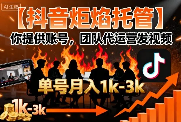 【抖音炬焰托管】你提供账号，团队代运营发视频，单号月入1k+【揭秘】-一起筹课网