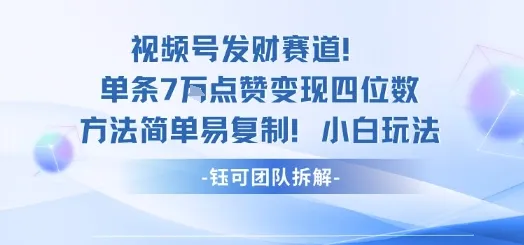 视频号发财赛道单条7W点赞变现四位数方法简单易复制小白玩法-一起筹课网