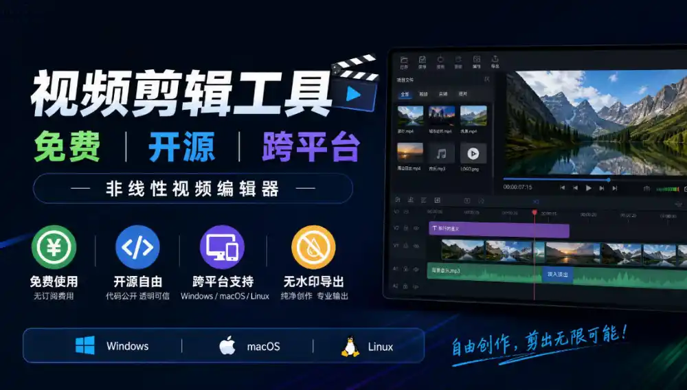 视频剪辑工具，免费、开源、跨平台，非线性视频编辑器，支持Windows、macOS、Linux，无水印、无订阅费用-一起筹课网