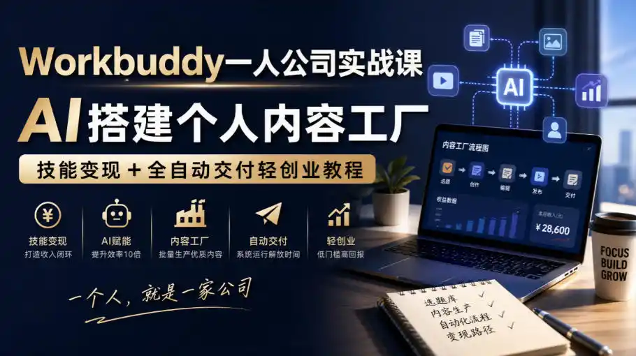 Workbuddy一人公司实战课，AI搭建个人内容工厂，技能变现+全自动交付轻创业教程-一起筹课网
