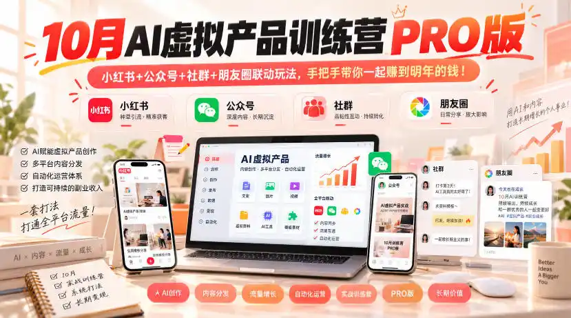 10月AI虚拟产品训练营PRO版，小红书+公众号+社群+朋友圈联动玩法，手把手带你一起赚到明年的钱！-一起筹课网