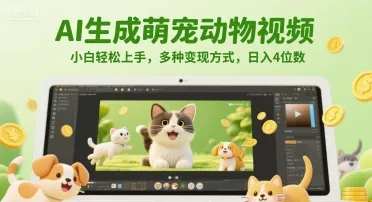 AI生成萌宠动物视频，小白轻松上手，多种变现方式，日入4位数-一起筹课网