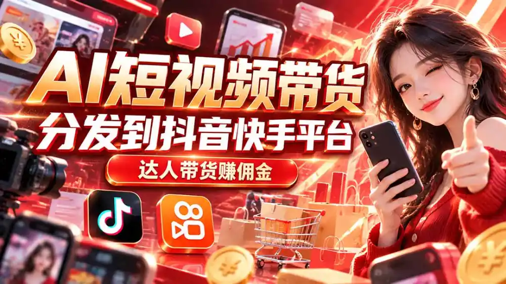 【AI短视频带货】分发到抖音快手平台，达人带货赚佣金-一起筹课网