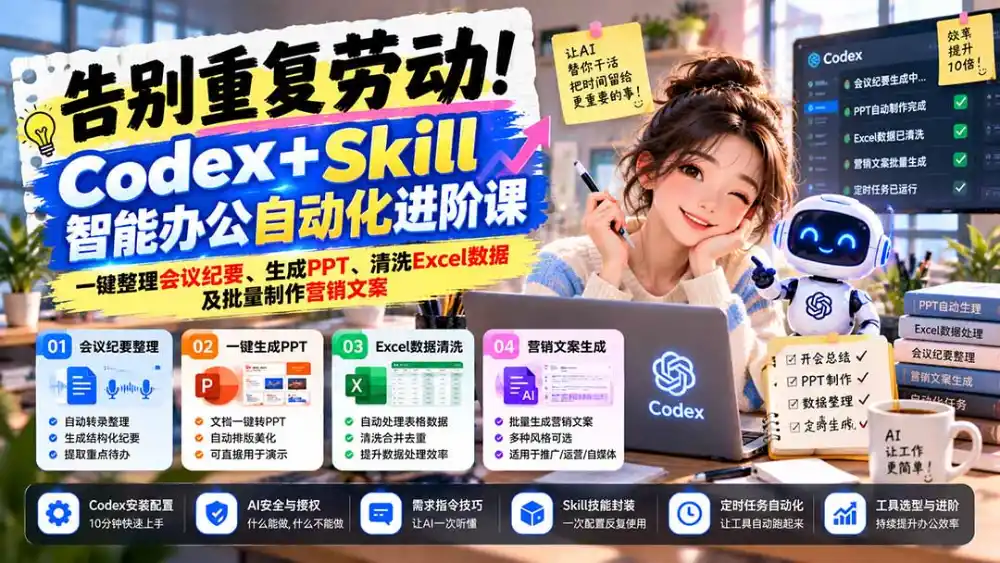 告别重复劳动！Codex+Skill智能办公自动化进阶课：一键整理会议纪要、生成PPT、清洗Excel数据及批量制作营销文案-一起筹课网
