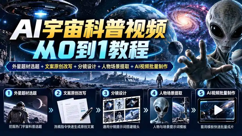 AI宇宙科普视频从0到1教程｜外星题材选题+文案原创改写+分镜设计+人物场景提取+AI视频批量制作-一起筹课网