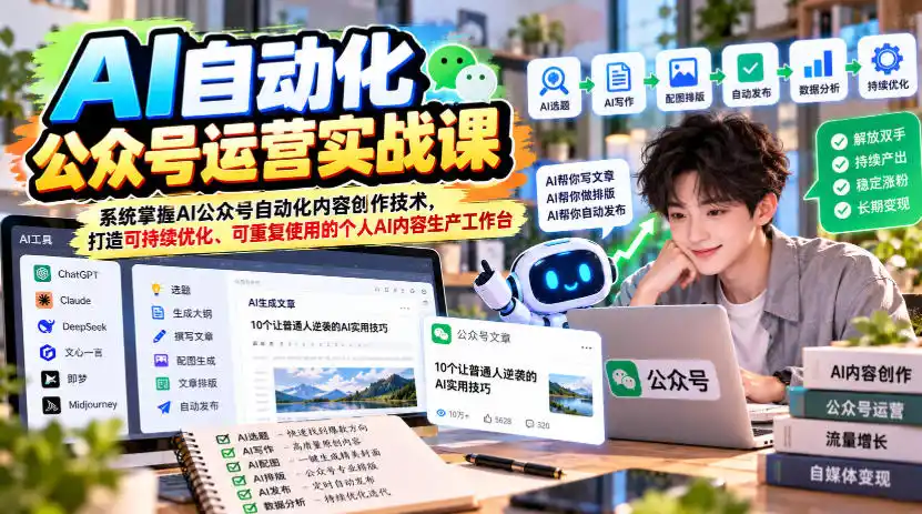 AI自动化公众号运营实战课，系统掌握AI公众号自动化内容创作技术，打造可持续优化、可重复使用的个人AI内容生产工作台-一起筹课网