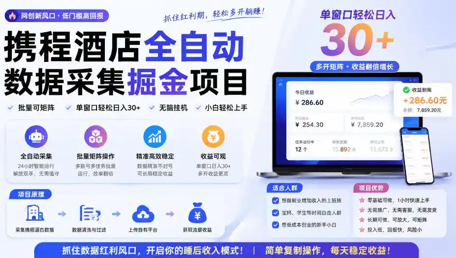 携程酒店采集挂G项目，批量可矩阵，单机轻松日入300+，开启你的睡后收入模式!【揭秘】-一起筹课网