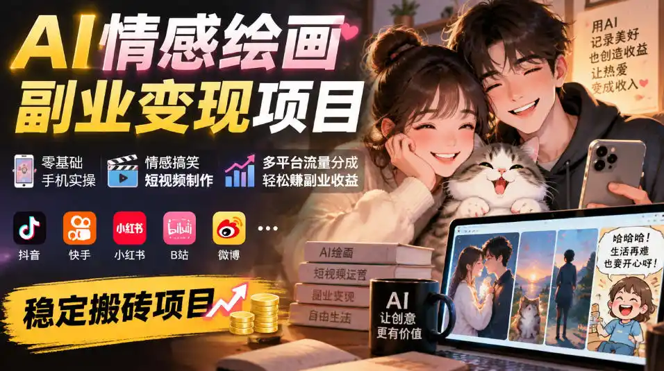 AI情感绘画副业变现项目|零基础手机实操,情感搞笑短视频制作,多平台流量分成轻松賺副业收益-一起筹课网