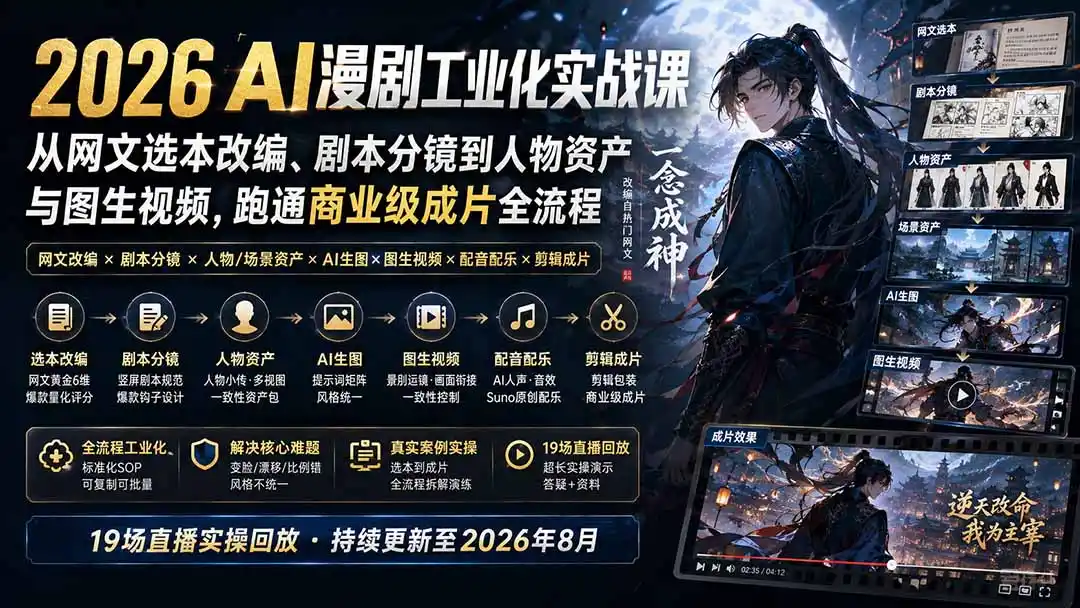 2026 AI漫剧工业化实战课-更新：从网文选本改编、剧本分镜到人物资产与图生视频，跑通商业级成片全流程-一起筹课网