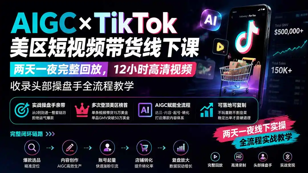 AIGC×TikTok美区短视频带货线下课；两天一夜完整回放，12小时高清视频收录头部操盘手全流程教学-一起筹课网