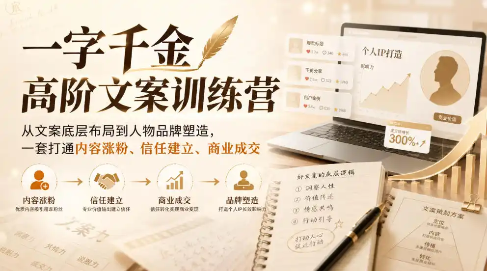一字千金高阶文案训练营,从文案底层布局到人物品牌塑造,一套打通内容涨粉、信任建立、商业成交-一起筹课网