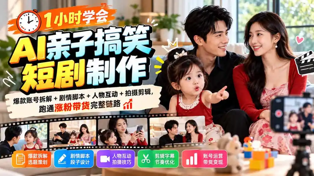 1小时学会AI亲子搞笑短剧制作：爆款账号拆解+剧情脚本+人物互动+拍摄剪辑，跑通涨粉带货完整链路-一起筹课网