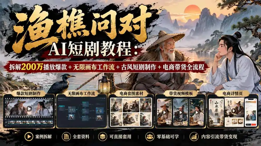 【无水印】渔樵问对AI短剧教程：拆解200万播放爆款+无限画布工作流+古风短剧制作+电商带货全流程-一起筹课网