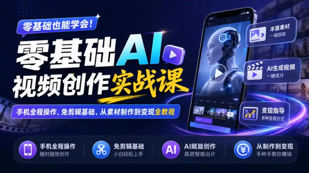 零基础AI视频创作实战课｜手机全程操作、免剪辑基础、从素材制作到变现全教程-一起筹课网
