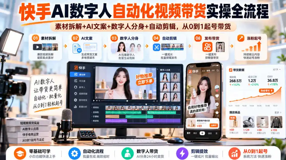 快手AI数字人自动化视频带货实操全流程｜素材拆解+AI文案+数字人分身+自动剪辑，从0到1起号带货(更新26年)-一起筹课网