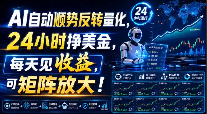 AI自动顺势反转量化，24小时挣美金，每天见收益，可矩阵放大！【揭秘】-一起筹课网