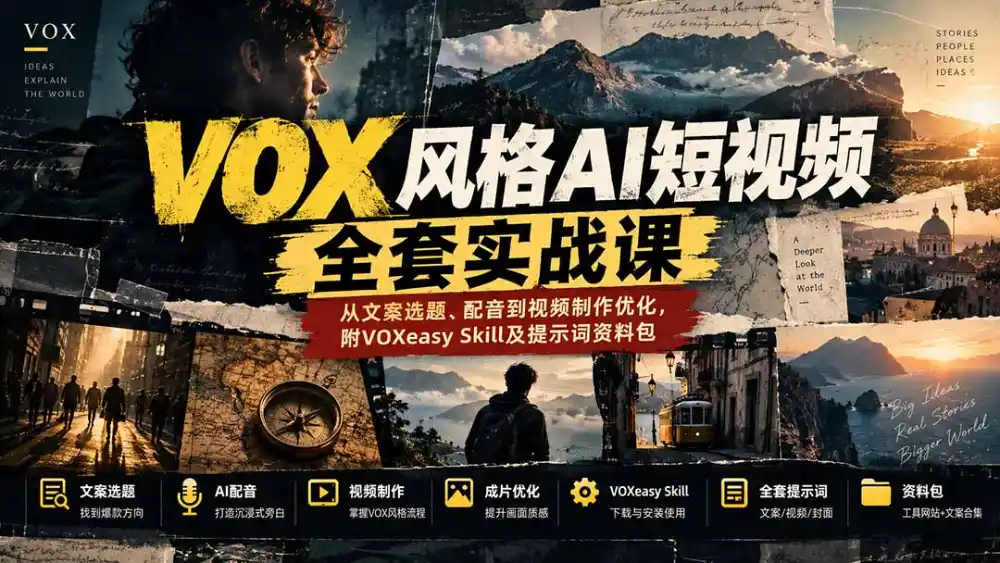 【无水印】VOX风格AI短视频全套实战课：从文案选题、配音到视频制作优化，附VOXeasy Skill及提示词资料包-一起筹课网