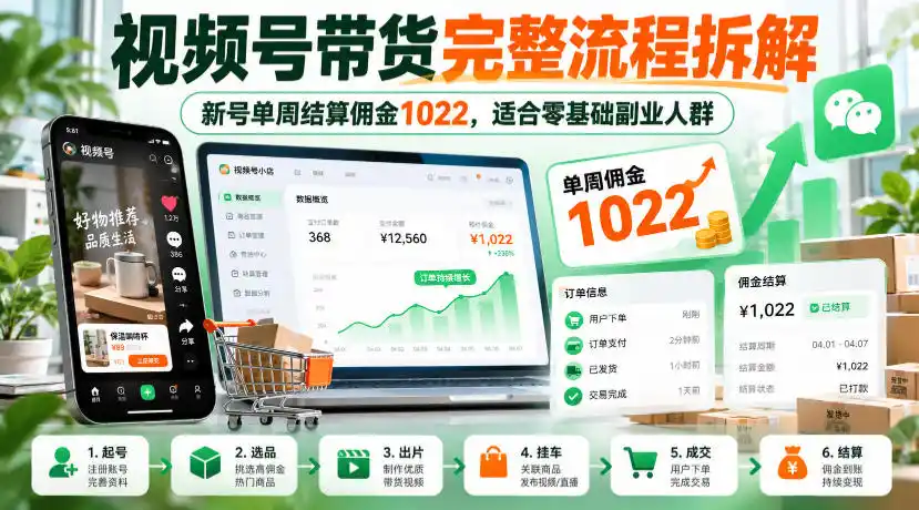 视频号带货完整流程拆解，新号单周结算佣金1022，适合零基础副业人群-一起筹课网