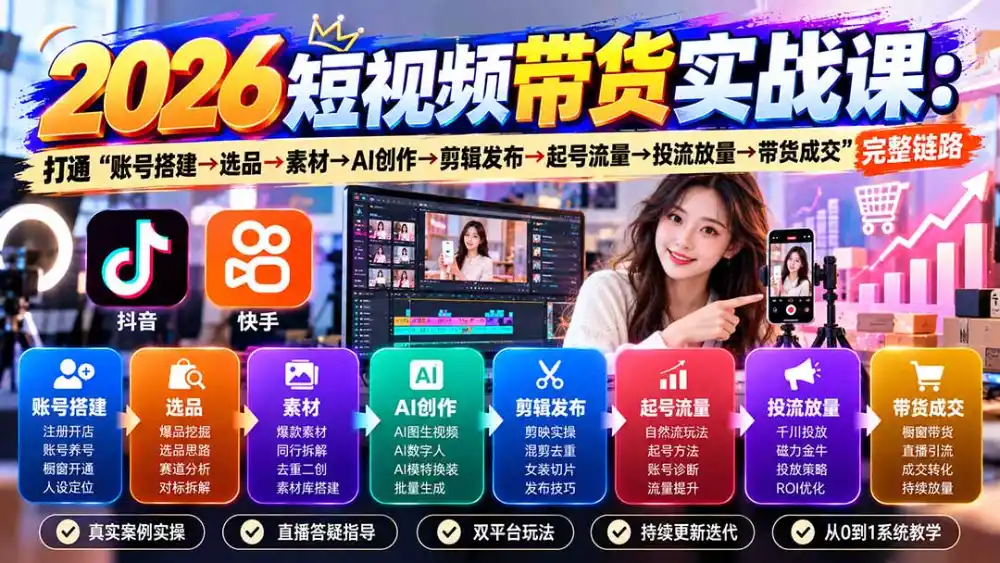 2026短视频带货实战课9月：打通“账号搭建→选品→素材→AI创作→剪辑发布→起号流量→投流放量→带货成交”完整链路-一起筹课网