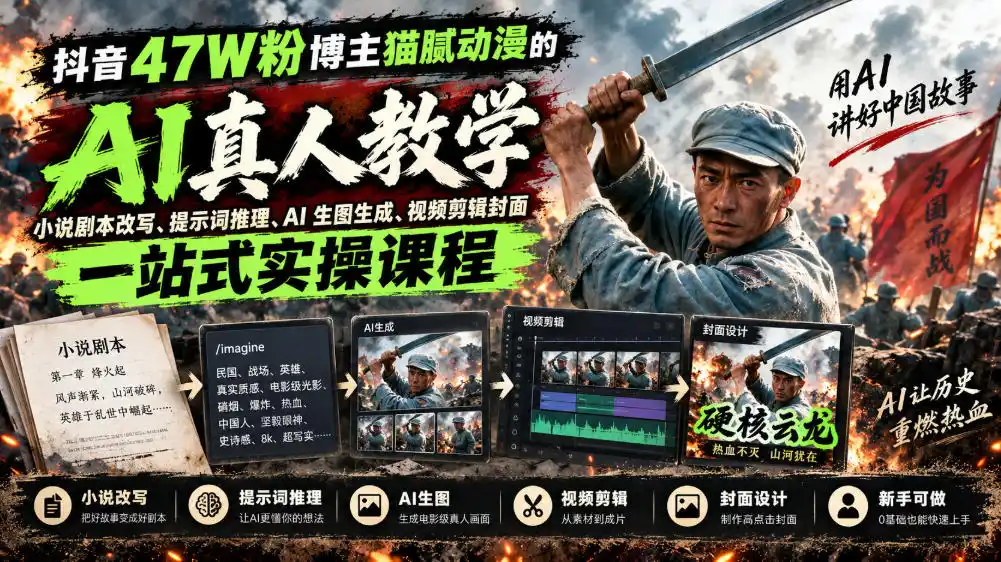 抖音47W粉博主猫腻动漫的AI真人漫剧教学，小说剧本改写、提示词推理、AI生图生成、视频剪辑封面一站式实操课程-一起筹课网