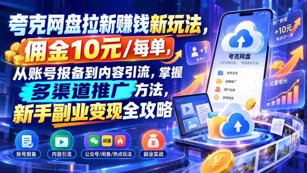 夸克网盘拉新赚钱新玩法，佣金10元/每单，从账号报备到内容引流，掌握多渠道推广方法，新手副业变现全攻略-一起筹课网
