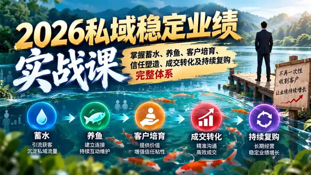 2026私域稳定业绩实战课：掌握蓄水、养鱼、客户培育、信任塑造、成交转化及持续复购完整体系-一起筹课网