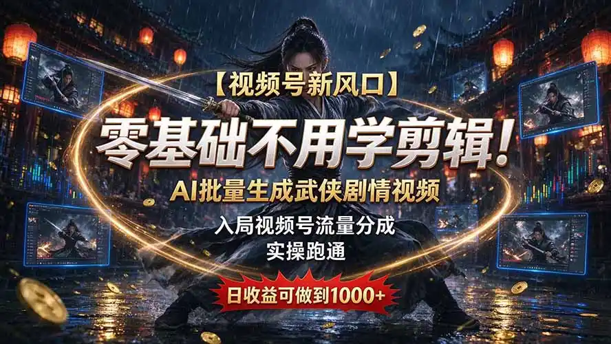 【视频号新风口】零基础不用学剪辑！AI 批量生成武侠剧情视频，入局视频号流量分成，实操跑通，日收益可做到 1000+-一起筹课网
