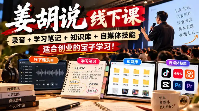 姜胡说线下课录音＋学习笔记＋知识库＋自媒体技能，适合创业的宝子学习！-一起筹课网
