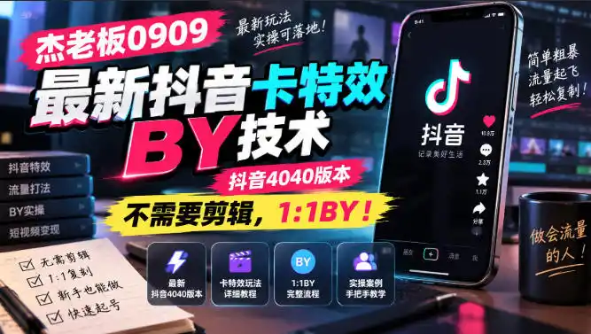 杰老板0909最新抖音卡特效搬运技术，抖音4040版本，不需要剪辑，1:1搬运！-一起筹课网