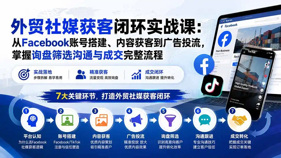 外贸社媒获客闭环实战课：从Facebook账号搭建、内容获客到广告投流，掌握询盘筛选沟通与成交完整流程-一起筹课网