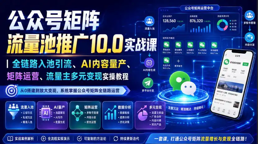 公众号矩阵流量池推广10.0实战课｜全链路入池引流、AI内容量产、矩阵运营、流量主多元变现实操教程-一起筹课网
