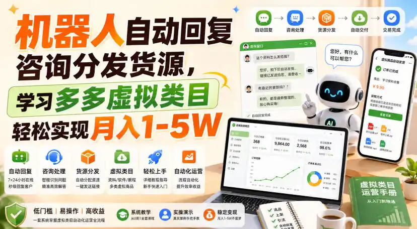 机器人自动回复咨询分发货源，学习多多虚拟类目轻松实现月入1-5W【揭秘】-一起筹课网