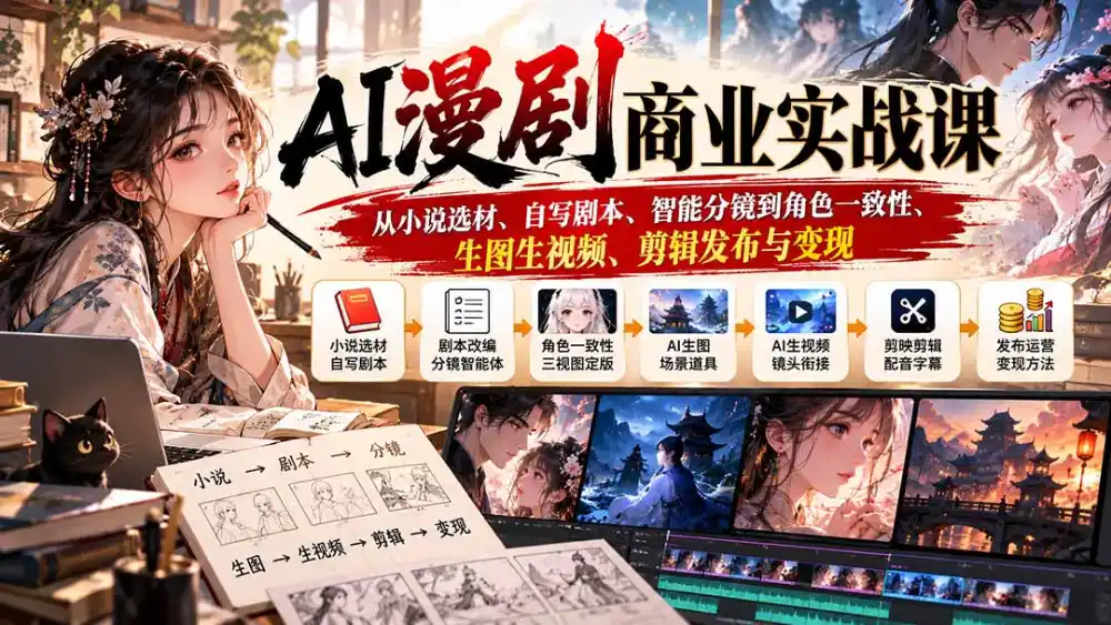 AI漫剧商业实战课：从小说选材、自写剧本、智能分镜到角色一致性、生图生视频、剪辑发布与变现-一起筹课网