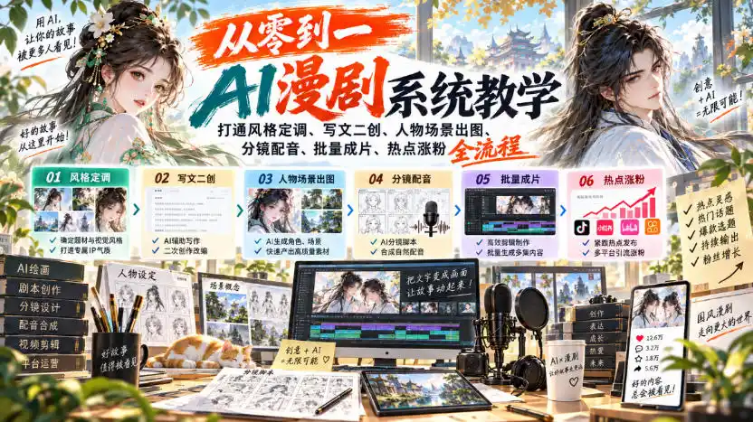 从零到一AI漫剧系统教学，打通风格定调、写文二创、人物场景出图、分镜配音、批量成片、热点涨粉全流程-一起筹课网