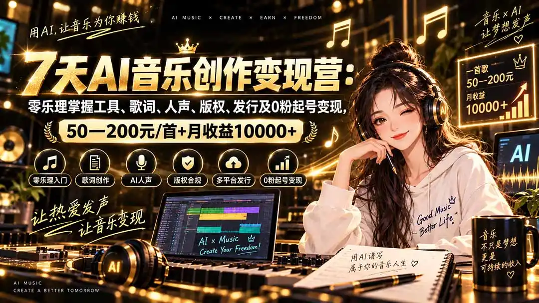 AI音乐创作变现营：零乐理掌握工具、歌词、人声、版权、发行及0粉起号变现，50—200元/首+月收益10000+-一起筹课网