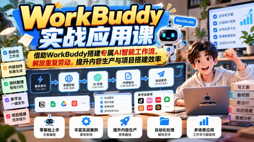 WorkBuddy实战应用课，借助WorkBuddy搭建专属AI智能工作流，解放重复劳动，提升内容生产与项目搭建效率-一起筹课网