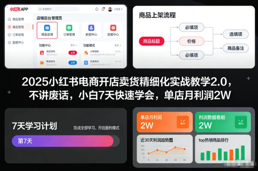 2025小红书电商开店卖货精细化实战教学2.0，不讲废话，小白7天快速学会，单店月利润2W-一起筹课网